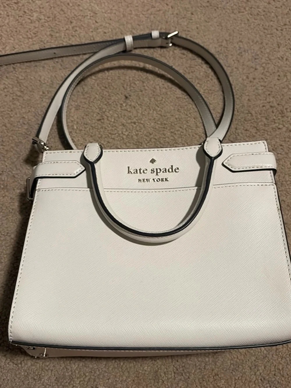 kate spade White Leather Satchel with Gold Logo Accents